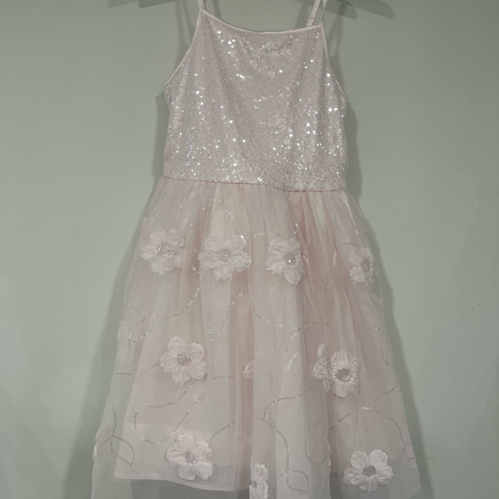 Girls Sparkle Floral Tulle Dress - Light Pink
